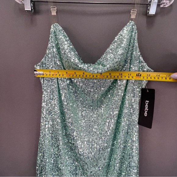 BEBE mint colour sequin slip dress draped midi with clear straps clubbing mini - Picture 10 of 12